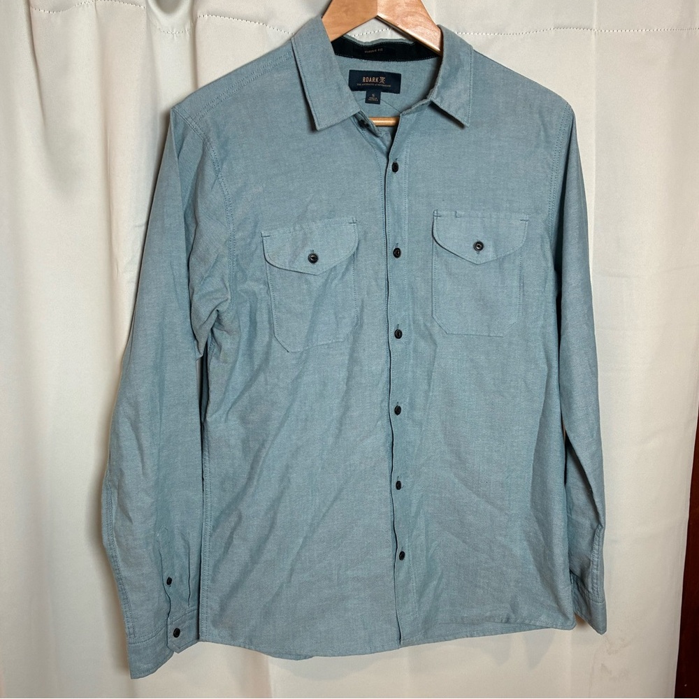ROARK Men's S Classic Fit Chambray Shirt Organic Cotton Recycled Poly Light Blue